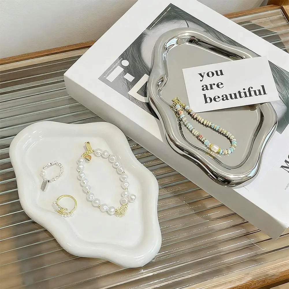Electroplated Jewelry Storage Tray – White & Silver Organizer