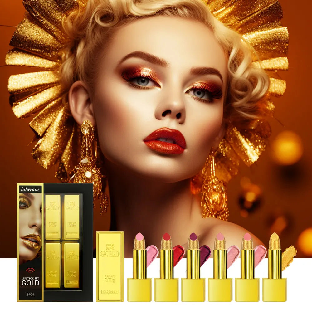 6-Piece Matte Lipstick Set – Gold Tube, Waterproof & Long-Lasting