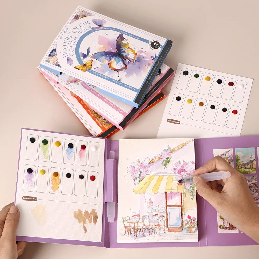 Travel Watercolor Painting Tri-fold Book Built-in 12 Colors Stress