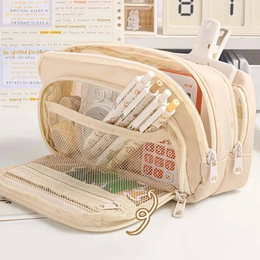 Three-Layer Zipper Pencil Case | Canvas Stationery Organizer
