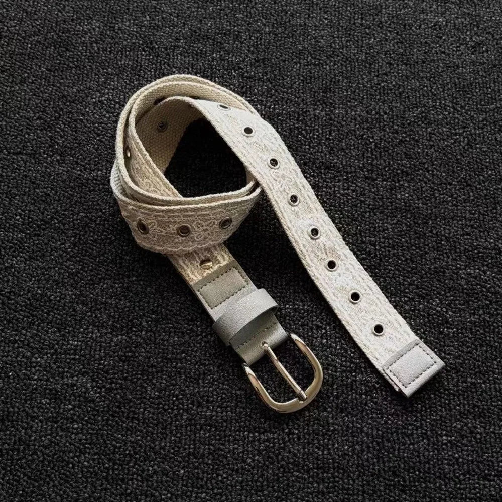 Korean Y2K Lace Canvas Waist Belt Metal Buckle – Beige