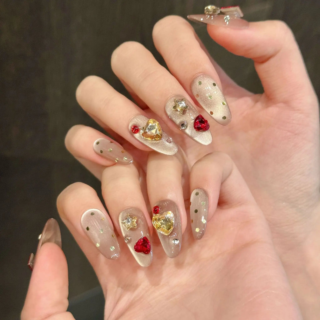 Press On Nails Pink Almond Cat Eye Korean Flower Design – 10pc