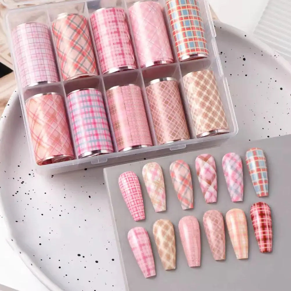 10-Roll Plaid & Flower Nail Foil Transfer Stickers | Nail Decals