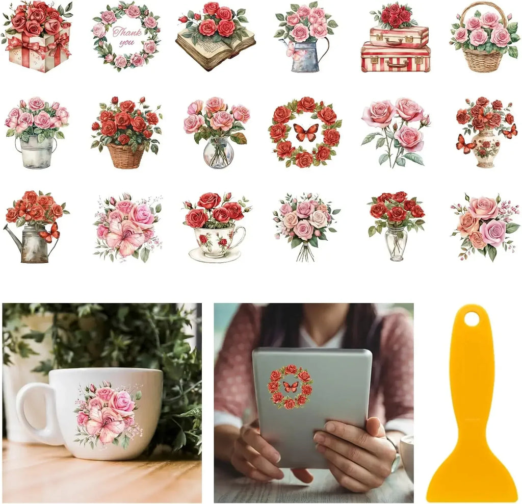 18 Rose Rub-On Transfer Decals – Floral & Butterfly Stickers