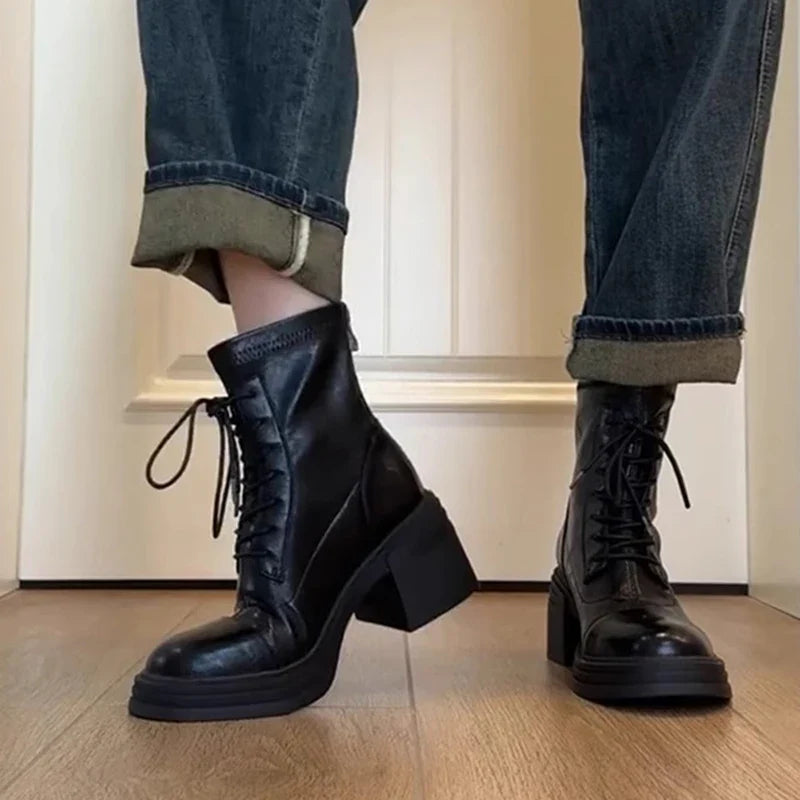 Women's Lace-Up Ankle Boots | Block Heel Back Zipper