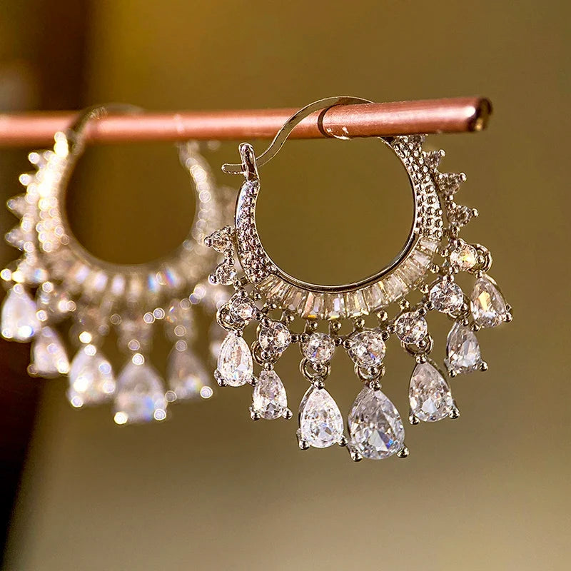 Huitan CZ Tassel Drop Earrings – Geometric Fashion Jewelry
