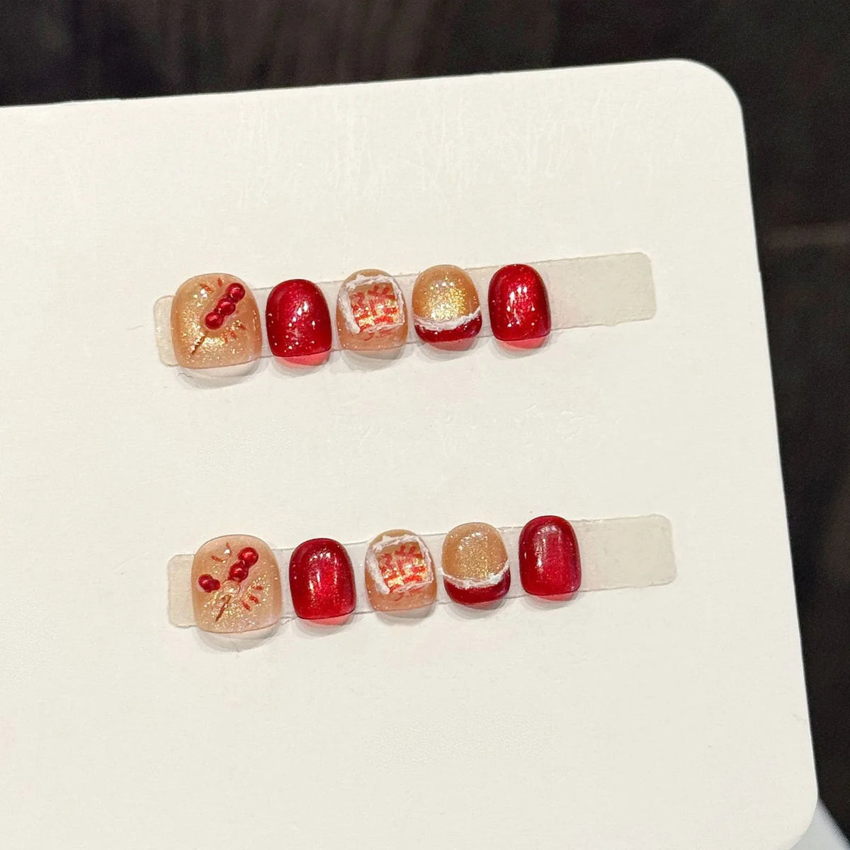Handmade Year Press Nails 3D Decor Red Gold Cat's Eye Fake Wearable