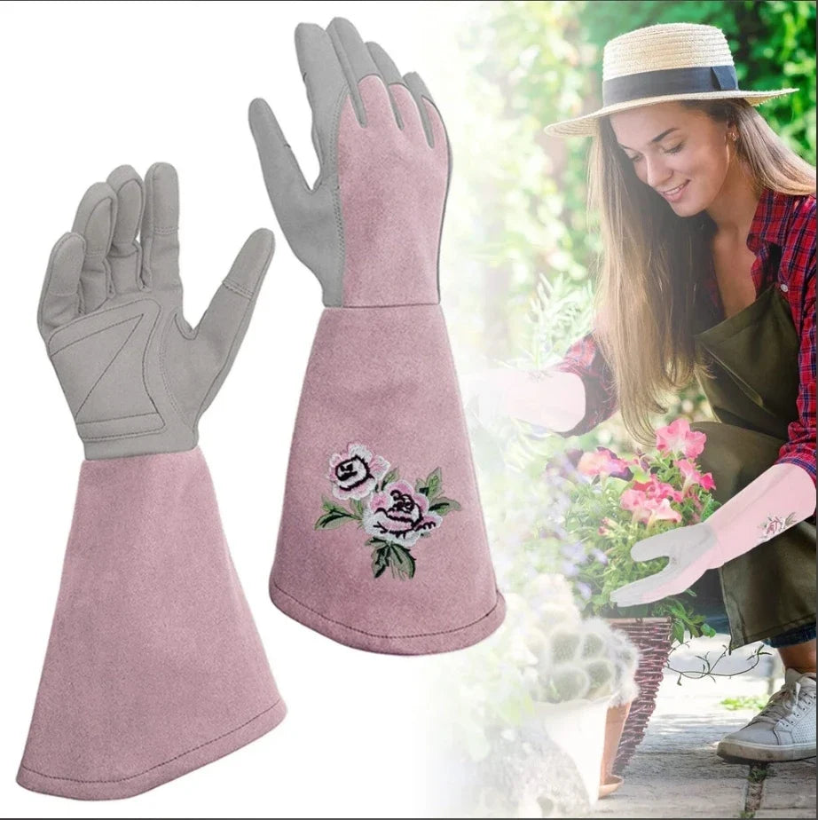 Women Gardening Glove Thorn Proof Pink Extra Long Oxford Cloth AU