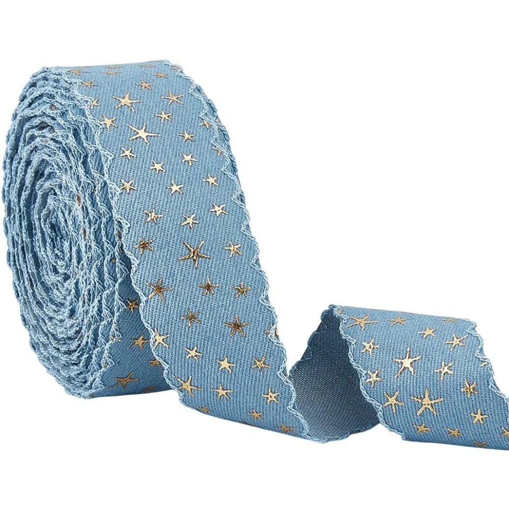 14.29 Yards Star Polyester Ribbon – Light Blue Gold 40mm
