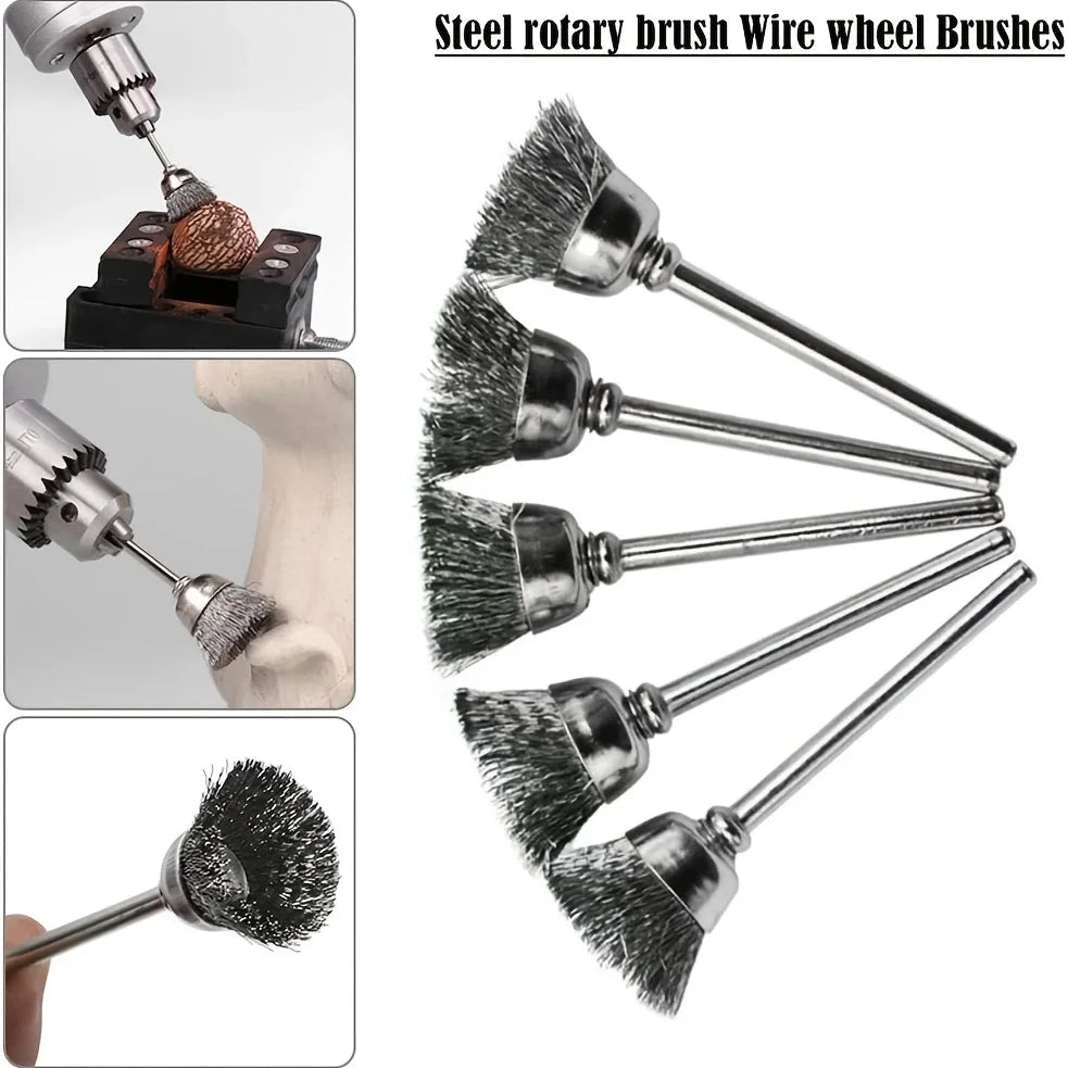 10-Pc T-Shape Steel Wire Brush Wheel Set – 1/8" Dremel Mandrel