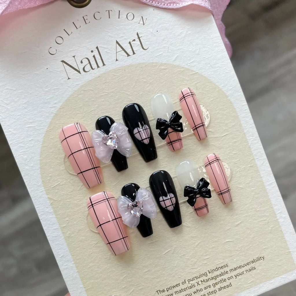 Korean Press-On Nails Black Bowknot Grid Design – 10pc Set