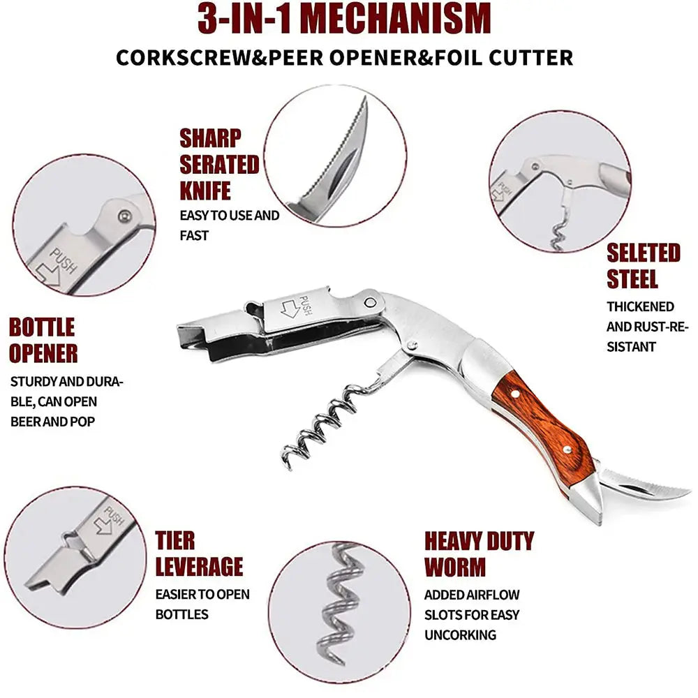 Double-Hinged Wine Corkscrew | Stainless Steel & Wood Handle