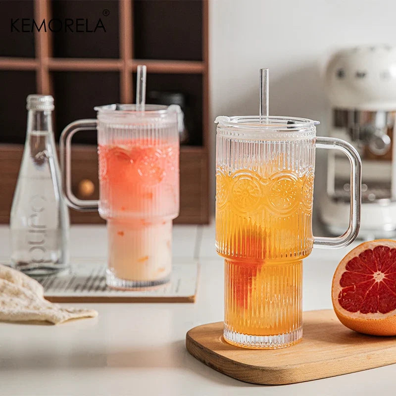 KEMORELA 750ml Sunflower Glass Tumbler with Lid & Straw