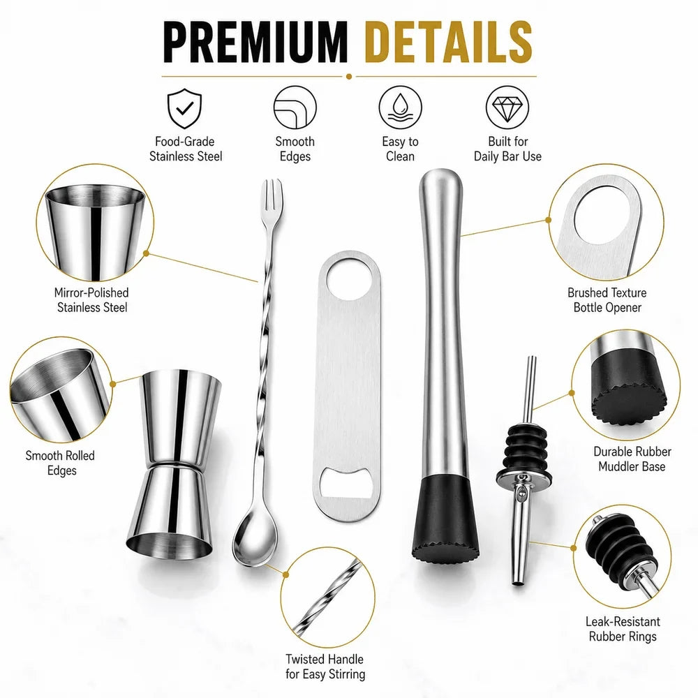Stainless Steel Cocktail Muddler & Bar Tool Set | 3–9 Piece