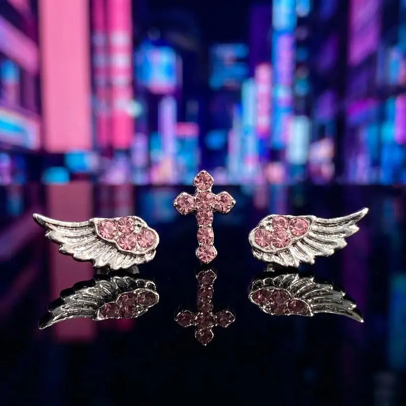 Vintage Punk Pink Zircon Wing Cross Earrings Set 3/4 Pcs