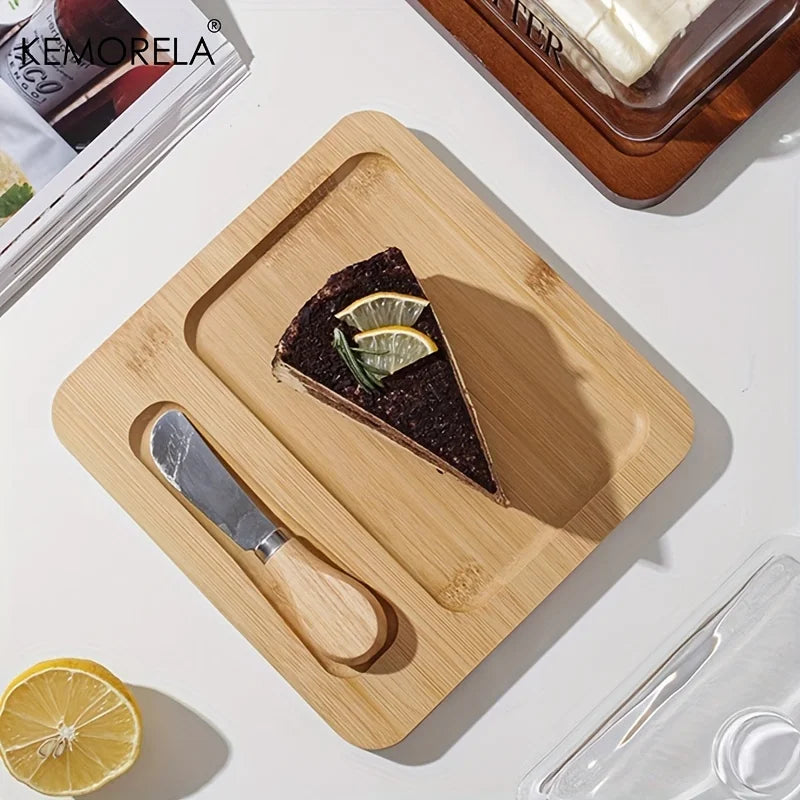 KEMORELA Wood Butter Dish with Glass Lid & Knife | Cheese Plate