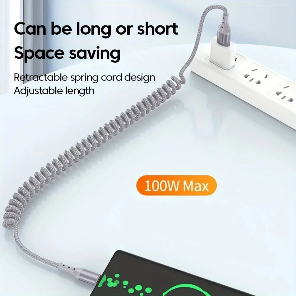 100W USB-C Retractable Spring Car Charger Cable | Fast Charge