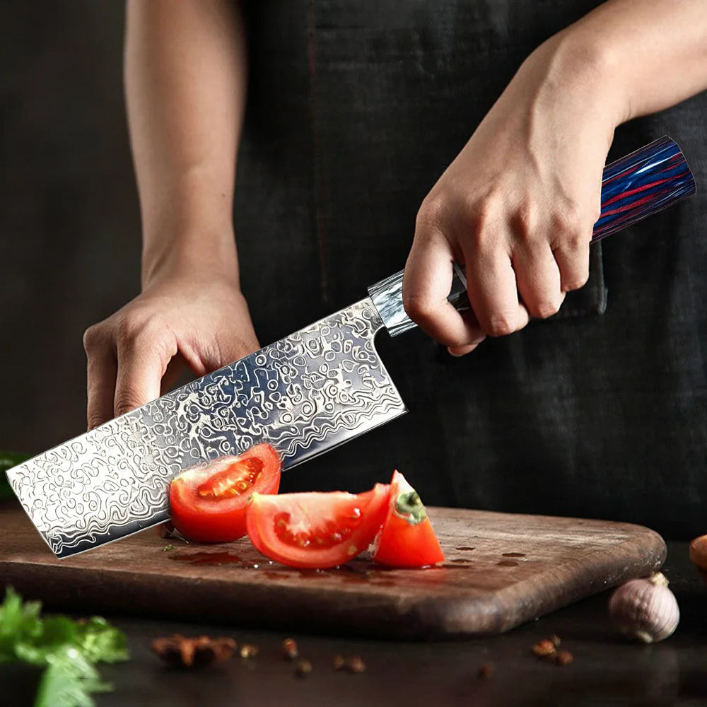 Damascus Chef's Knife – Japanese Steel & Colorful Wood Handle