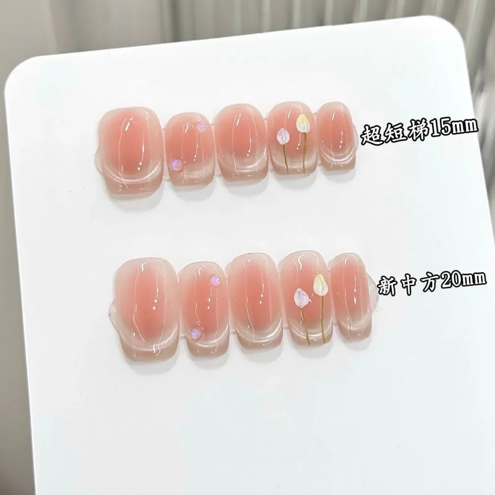 Pink Blush French Cat Eye Press On Nails | Short Coffin 10pcs