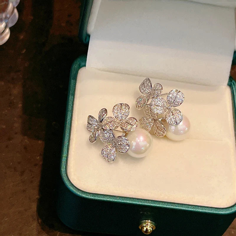 Huitan Flower Drop Earrings – Pearl & Cubic Zirconia Jewelry