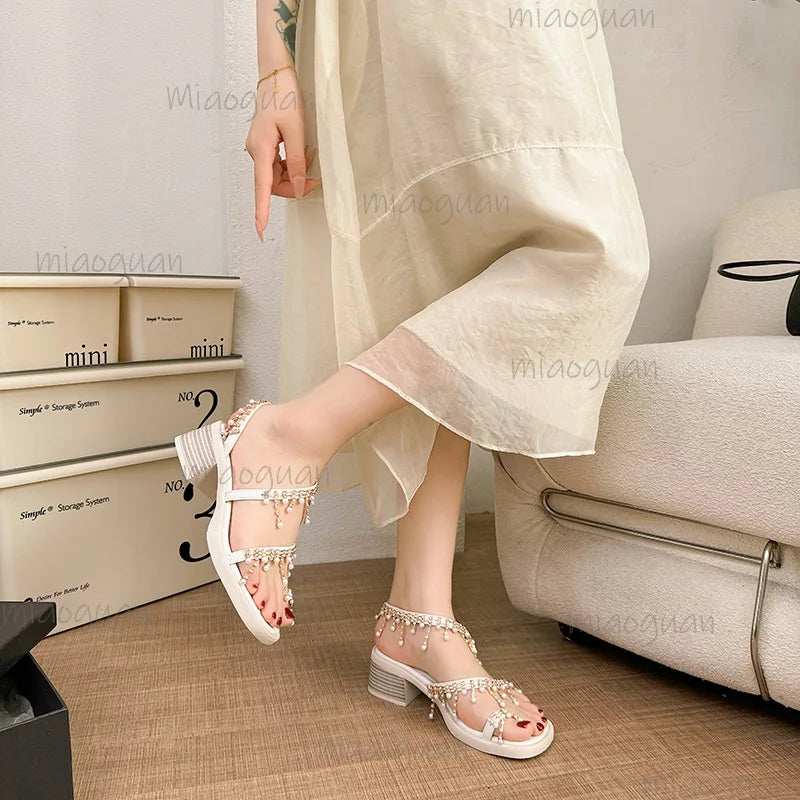 Bohemian Women's High Heel Sandals – Rhinestone Pearl Clip Toe