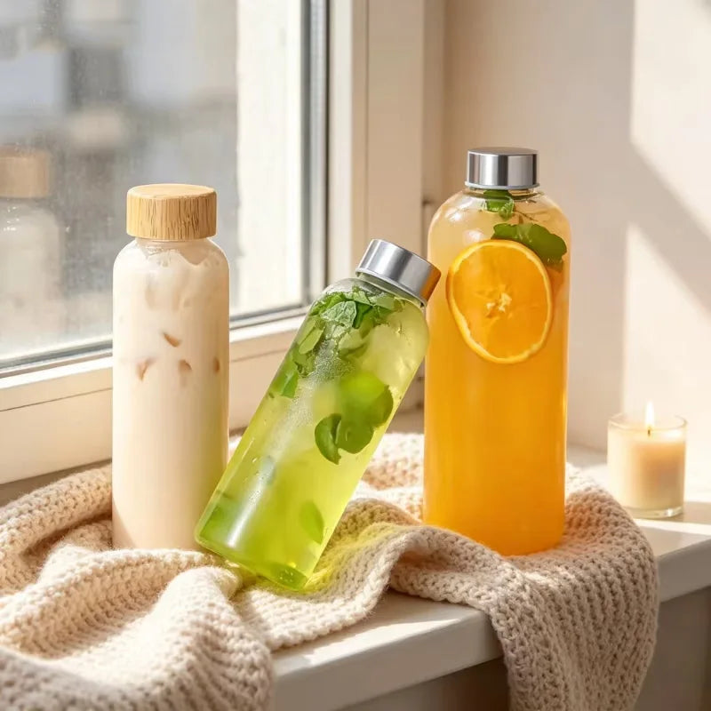 Borosilicate Glass Bottle with Bamboo Lid – Leak-Proof Reusable