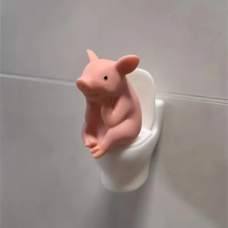 Cute Pig on Toilet Figurine | Whimsical Bathroom Desk Ornament