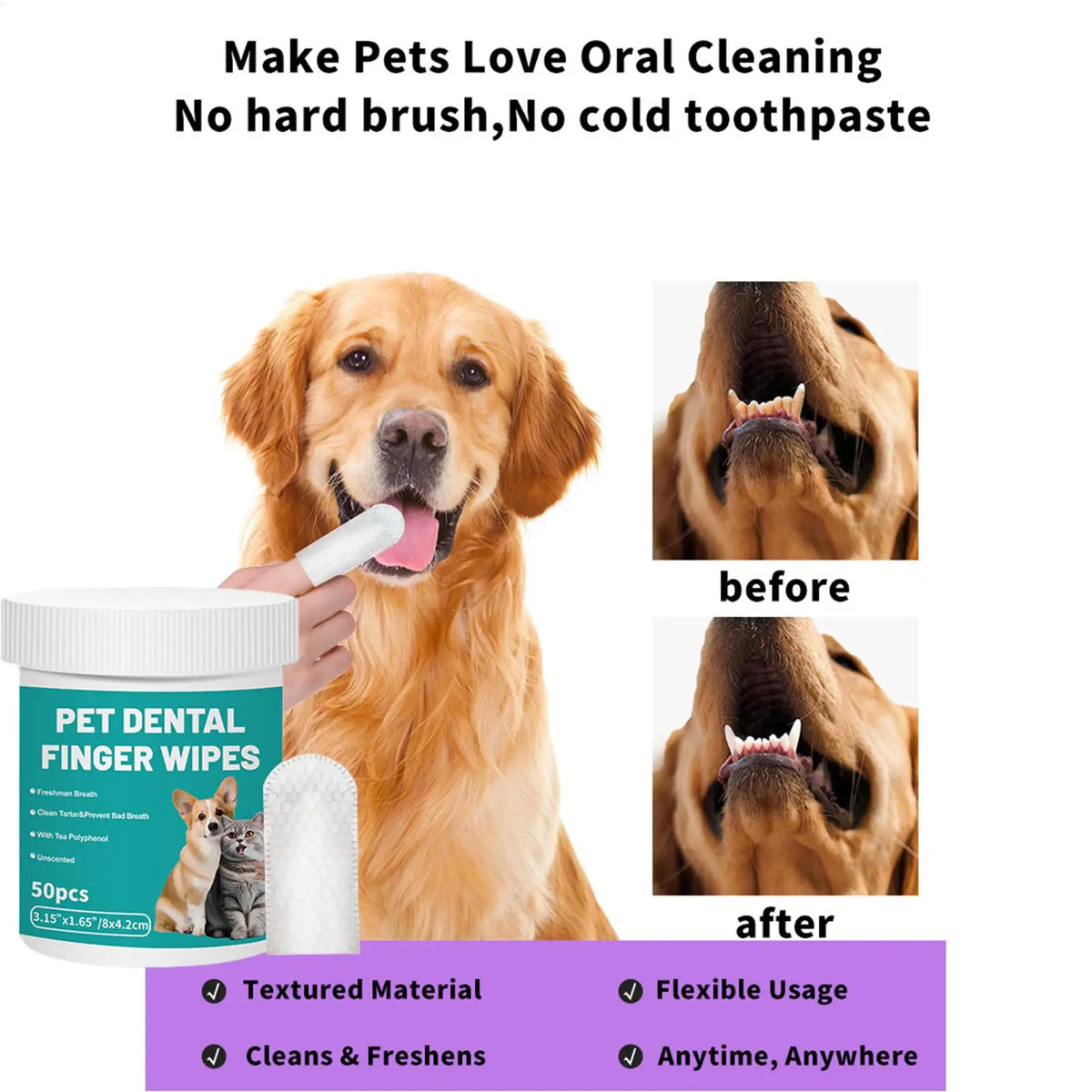 Dog Teeth Cleaning Finger Wipes 50-Pack | Pet Dental Care
