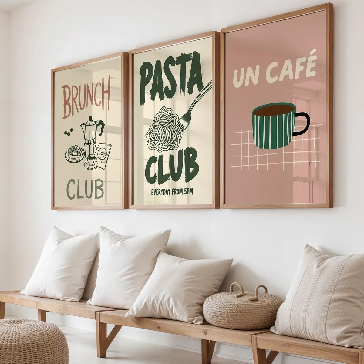 3-Piece Pasta & Coffee Canvas Wall Art | Green & Pink Prints