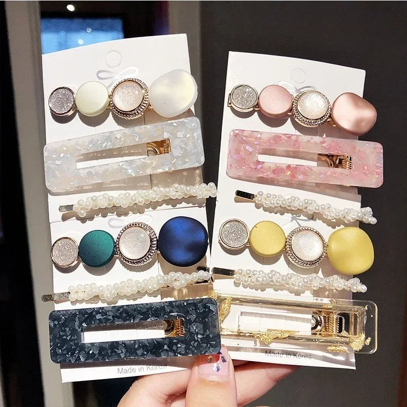 Korean Pearl Hair Clips – Gold Geometric Acrylic Barrettes 4 Sets