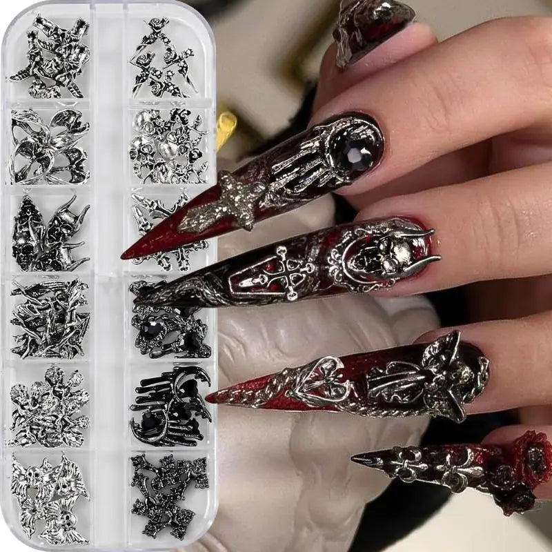 12-Grid Y2K Vintage Cross & Skull Nail Art Charms Set
