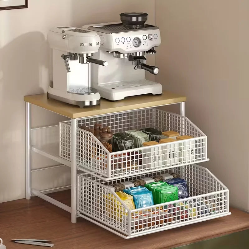 Kitchen Countertop Organizer with Drawer & Metal Basket
