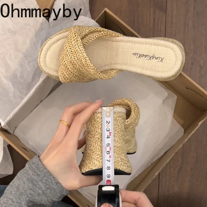 Women's Straw Woven Platform Wedge Sandals | Bohemian Slides