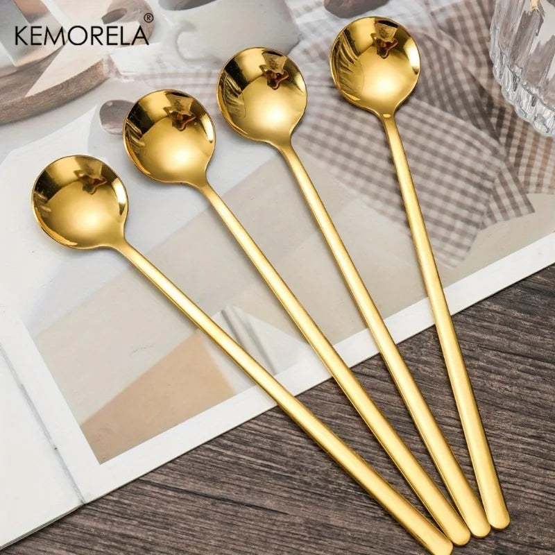 4-Piece Long Handle Stainless Steel Spoons – Gold & Silver