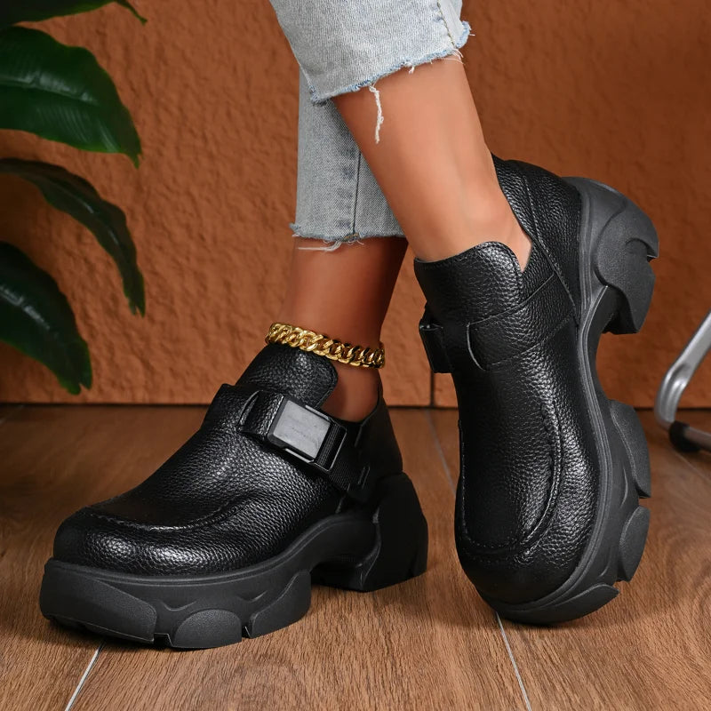UXST Women's Retro Platform Sneakers – Buckle Leather Shoes