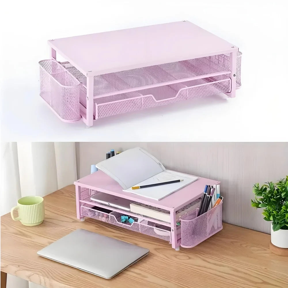 2-Tier Metal Monitor Stand Desk Organizer – Drawer & Pen Holder
