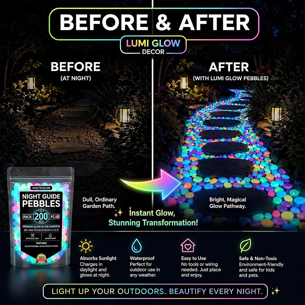 Glow in the Dark Garden Pebbles – 200pc Luminous Decor Stones