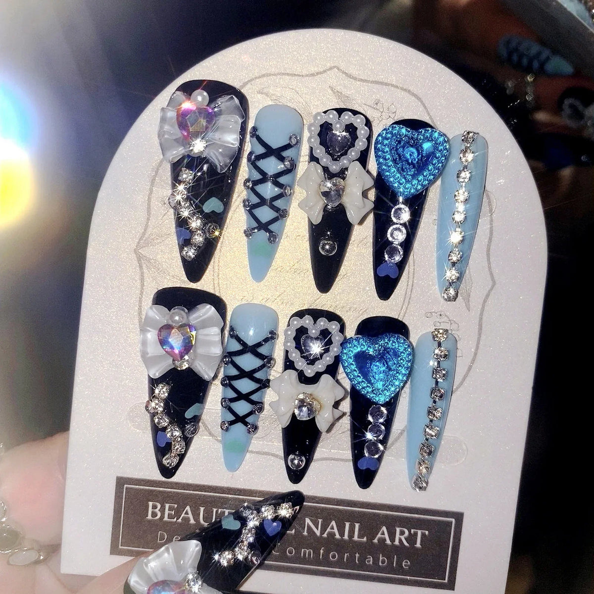 24pcs 3D Bow Press On Nails | Y2K Glitter Rhinestone Almond Set