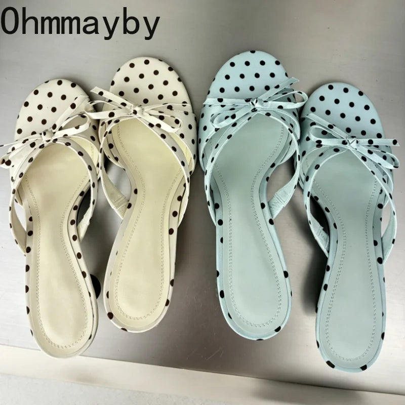Satin Butterfly-Knot Women's Slippers – Polka Dot Block Heels