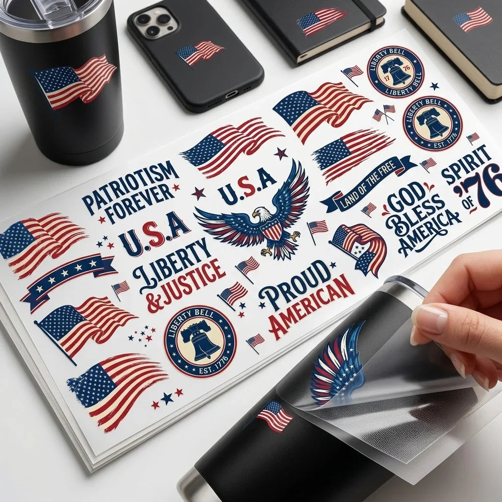 July 4th Patriotic UV Transfer Stickers | USA Flag Eagle Decals