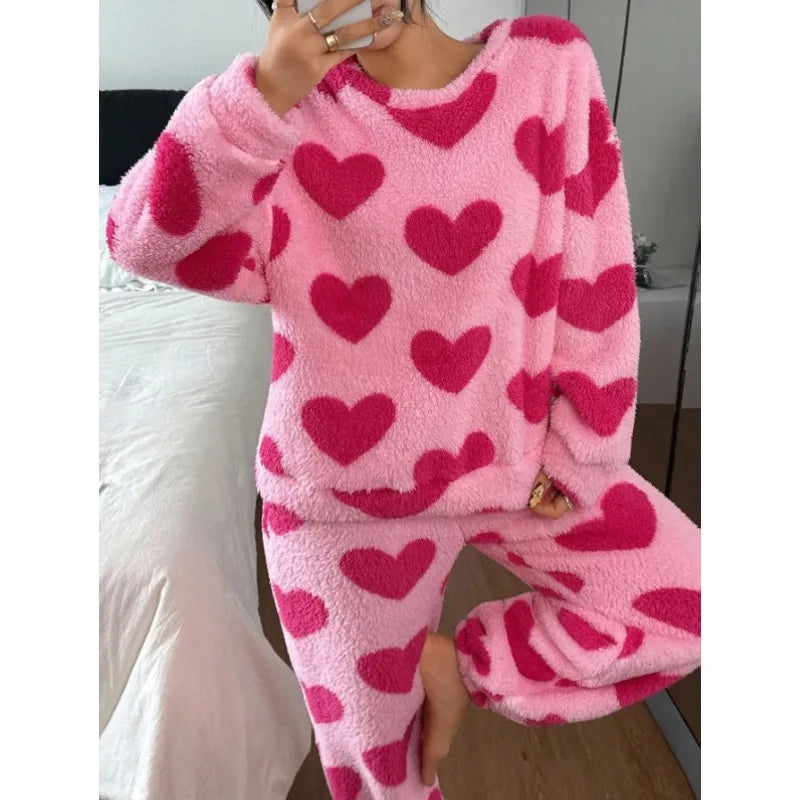 Women's Pink Heart Coral Fleece Pajama Set – Warm 2Pc Loungewear