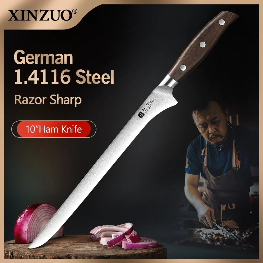 XINZUO 10" Ham Slicing Knife – German 1.4116 Steel Sandalwood