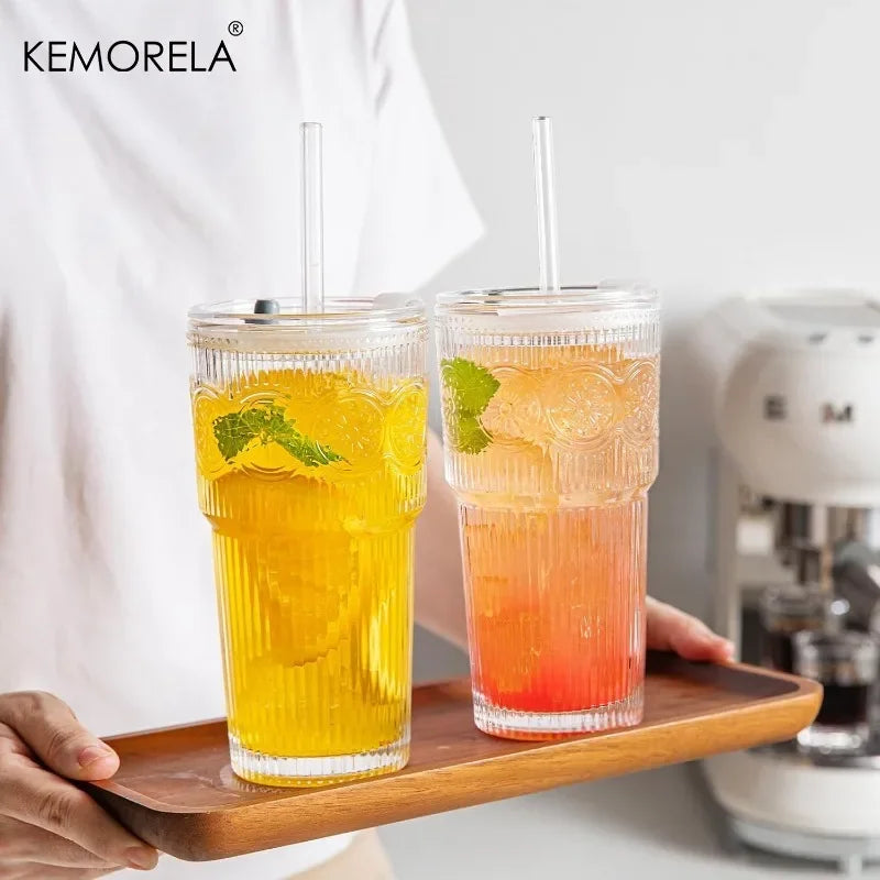 KEMORELA 600ml Floral Glass Tumblers with Lid & Straw