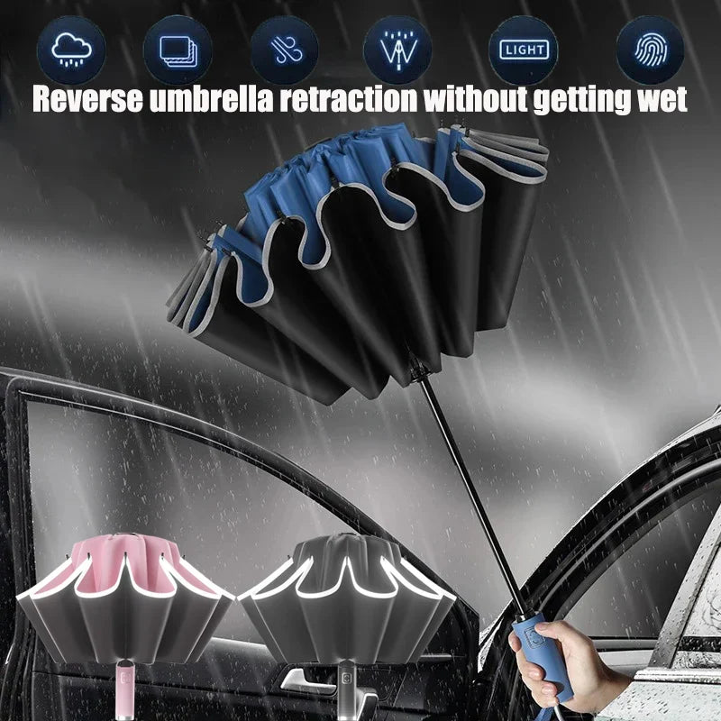Windproof Reflective Auto Folding UV Umbrella | Compact Parasol