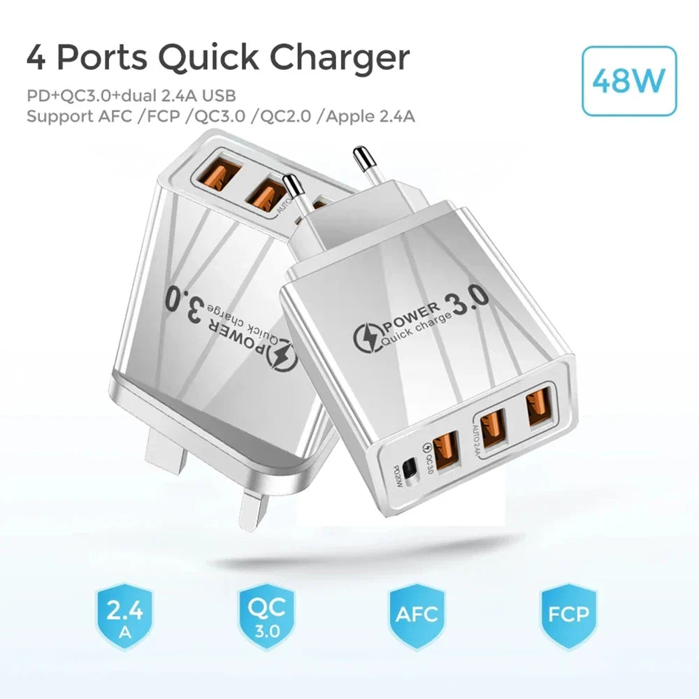 48W Multi-Port USB PD Fast Charger | Quick Charge 3.0 Adapter