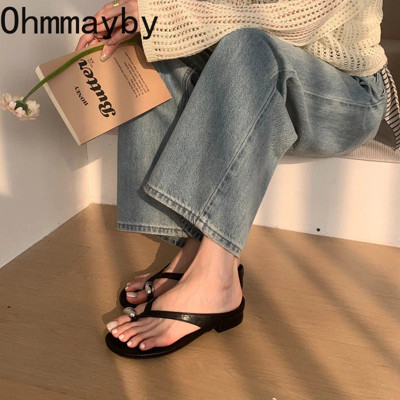 Women's Metal Clip Toe Slide Slippers | Square Heel Flip Flops