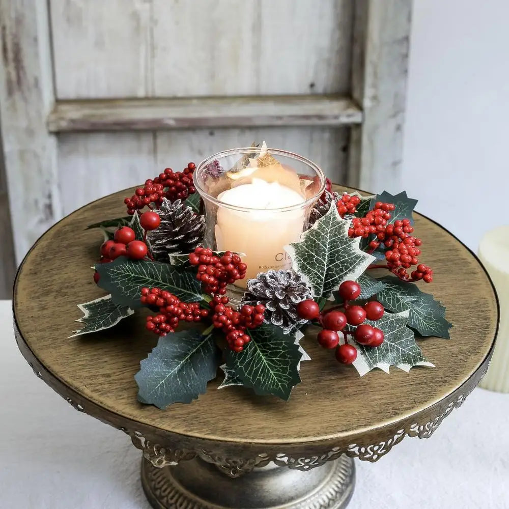 Christmas Candlestick Wreath Red Fruit Artificial Flowers Candle Ring