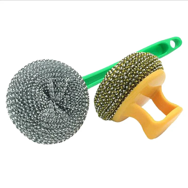 Stainless Steel Wire Ball Brush Long Handle | Kitchen Scrubber