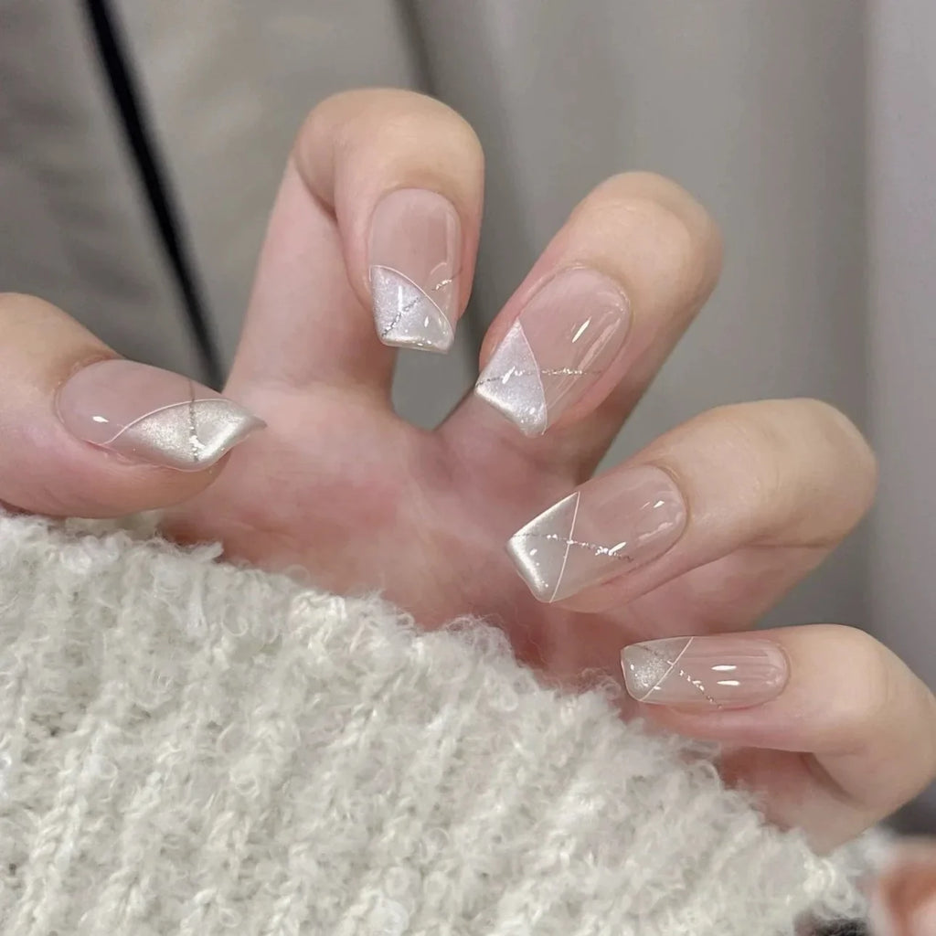 Short French Cat Eye Press On Nails | Korean Shiny Tips