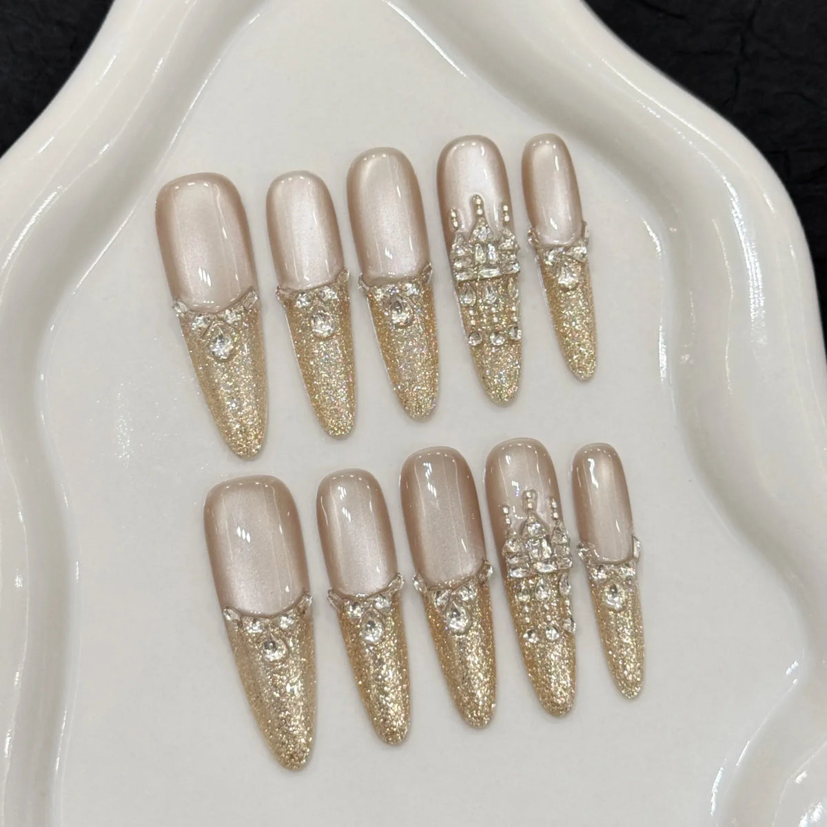 Press On Nails Glitter Gold Cat Eye Long Oval | 10pc Set